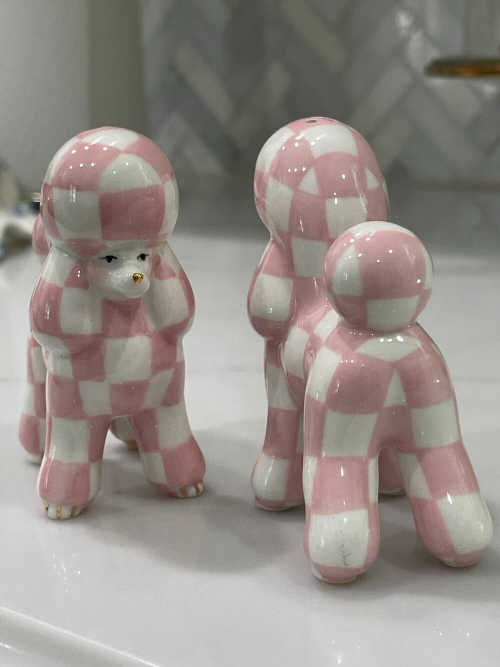 MacKenzie-Childs Rosy Check Poodle Salt Pepper Set-NEW-Theme: pink poodle parlor - Picture 2 of 14